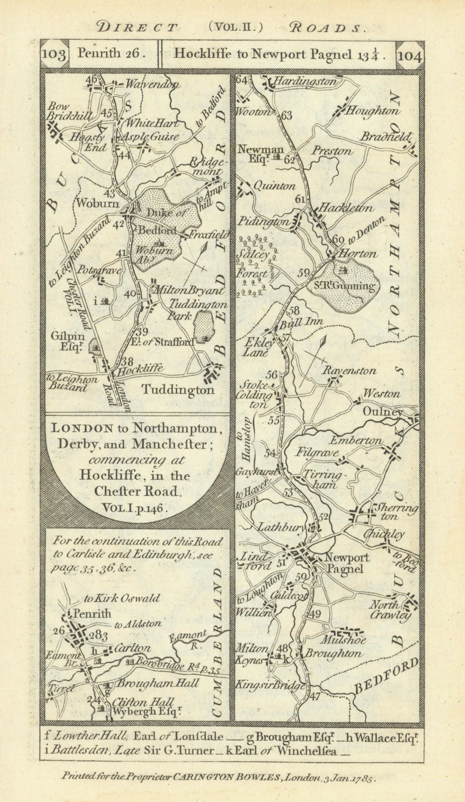 Penrith. Toddington-Woburn-Newport Pagnell road strip map PATERSON 1785